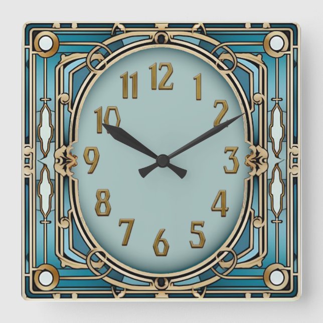 Art Deco Blue Square Wall Clock (Front)