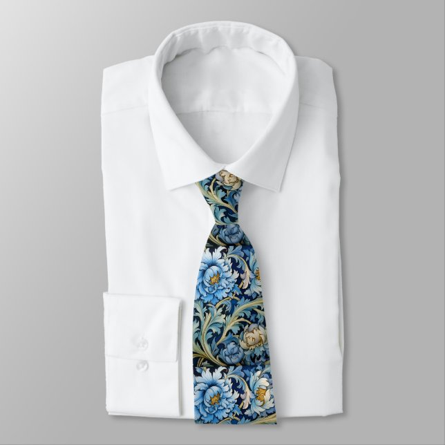 Art Deco Blue & White Peonies William Morris Style Tie (Tied)