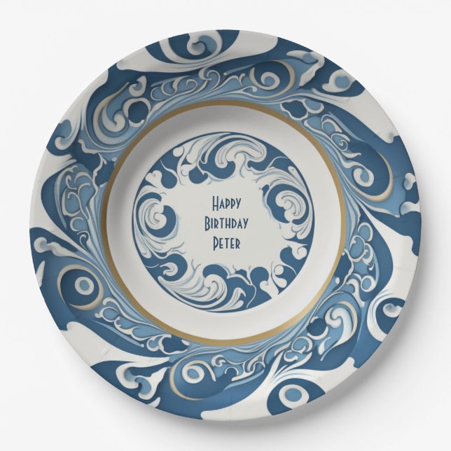 Art-Deco Blue/White Porcelain Design Personalized Paper Plate (Front)