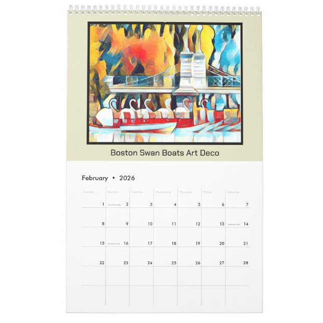 Art Deco Boston Swan Boats  Calendar (Feb 2026)