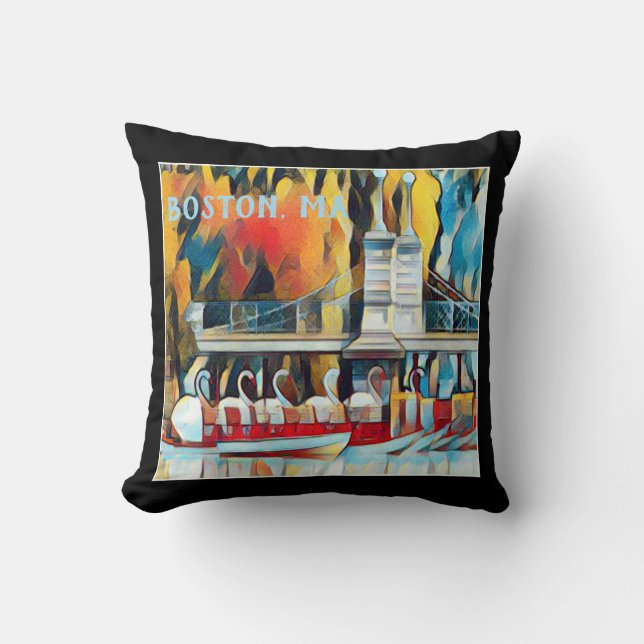 Art Deco Boston Swan Boats on black background Throw Pillow (Front)