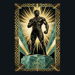 Art Deco Boxer Athlete Champion Gold Teal Poster<br><div class="desc">Celebrate strength and triumph with this bold Art Deco athlete portrait. Featuring a powerful Black boxer silhouette standing confidently on a luxurious teal marble pedestal. Framed by dramatic, radiating gold geometric rays and intricate chevron patterns, this piece captures the spirit of 1920s sporting glamour. Ideal for a home gym, modern...</div>