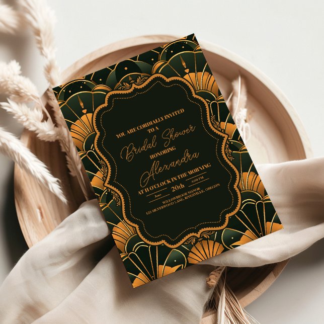 Art Deco Bridal Diamond Gold and Green  Invitation (Creator Uploaded)