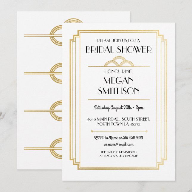 Art Deco Bridal Shower 1920's Gatsby Gold Invite (Front/Back)