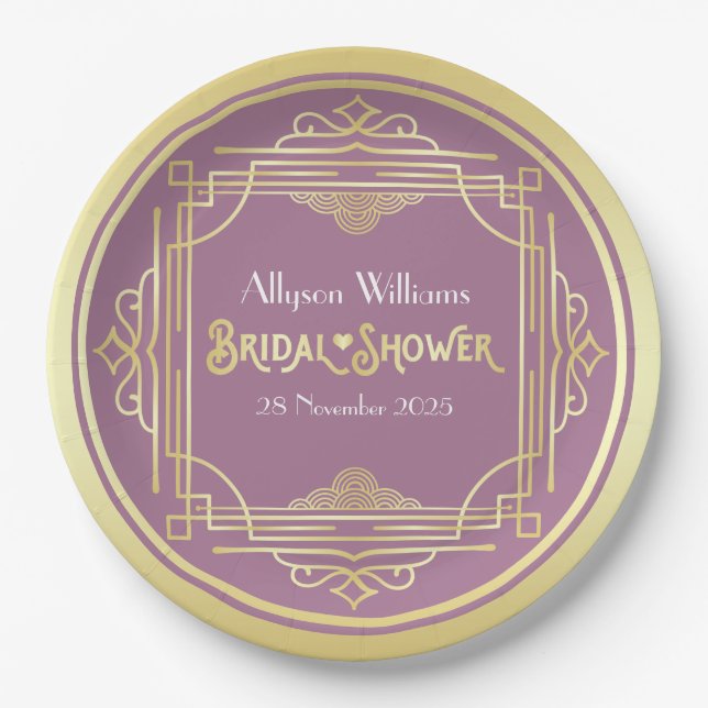 Art Deco Bridal Shower Elegant Gold Lilac Retro Paper Plate (Front)