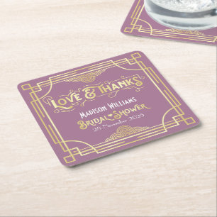 Art Deco Bridal Shower Elegant Gold Lilac Retro Square Paper Coaster