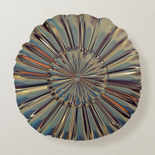 Art deco bronze metallic look gold fan shell round pillow (Front)