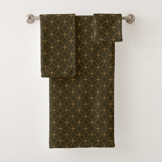 Art Deco Brown and Gold Circles and Diamonds  Bath Towel Set (Insitu)