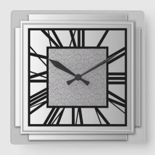Art Deco, brushed silver Square Wall Clock
