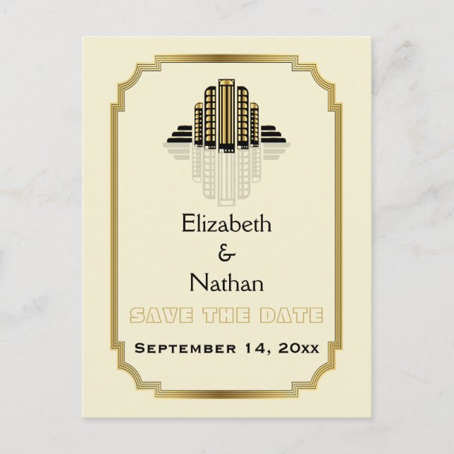 Art Deco building black gold wedding Save the Date Announcement Postcard (Front)