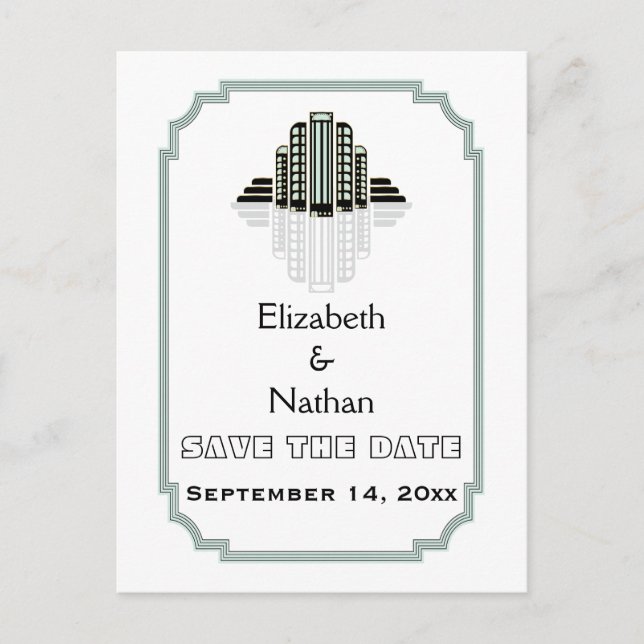 Art Deco building black mint wedding Save the Date Announcement Postcard (Front)