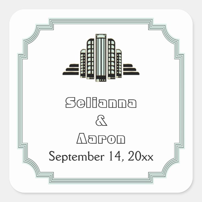 Art Deco building black mint wedding Save the Date Square Sticker (Front)