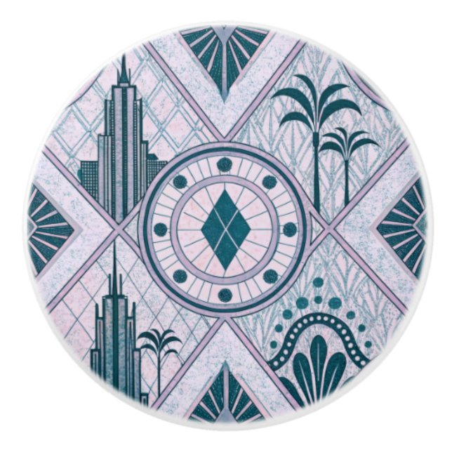Art Deco Buildings and Palms Ceramic Knob (Front)
