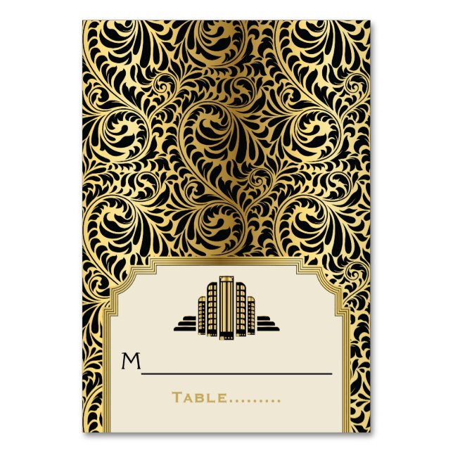Art Deco buildings black, gold wedding place card (Front)