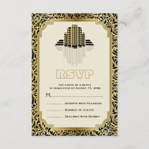 Art Deco buildings black, gold wedding RSVP Card
