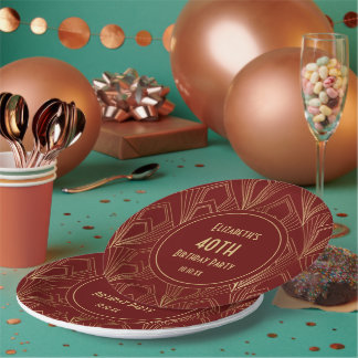 Art Deco Burgundy & Gold 40th Birthday Party   Paper Plate