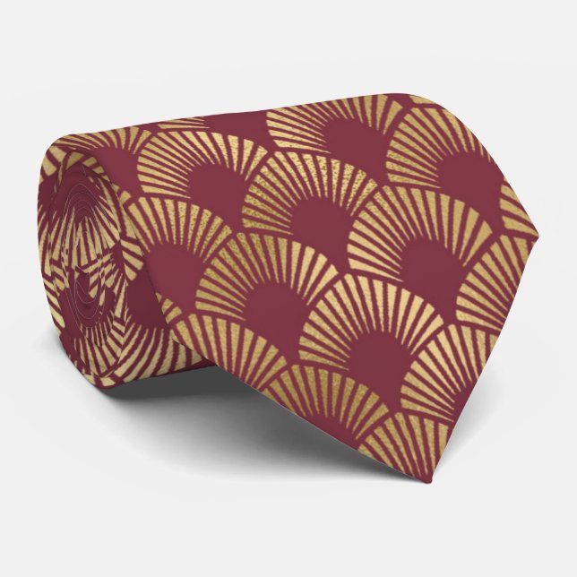 art deco Burgundy gold tiled pattern Tie (Rolled)