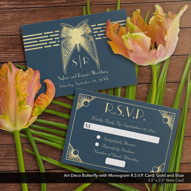 Art Deco Butterfly Blue Gold RSVP Card (Art Deco Butterfly Blue and Gold RSVP Note Card )