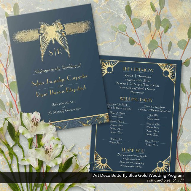 Art Deco Butterfly Blue Gold Wedding Program (Art Deco Butterfly Navy Blue and Antique Gold Wedding Ceremony Program: 5" x 7" Flat Card)