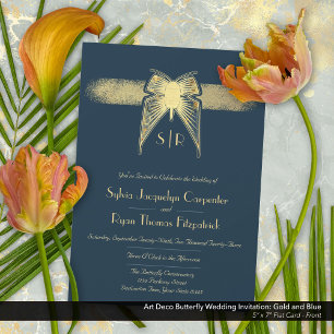 Art Deco Butterfly Monogram Blue and Gold Wedding  Invitation