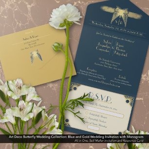 Art Deco Butterfly Monogram Blue Gold Wedding  All In One Invitation