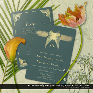 Art Deco Butterfly Monogram Green Gold Wedding Invitation