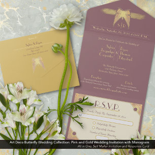 Art Deco Butterfly Monogram Pink Gold Wedding  All In One Invitation