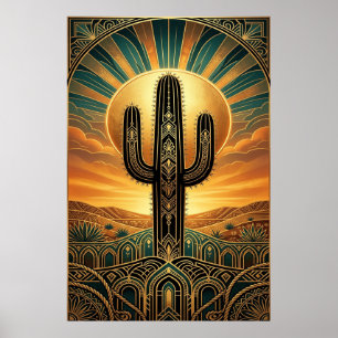 Art Déco Cactus Saguaro Soleil Levant Désert Or Sa