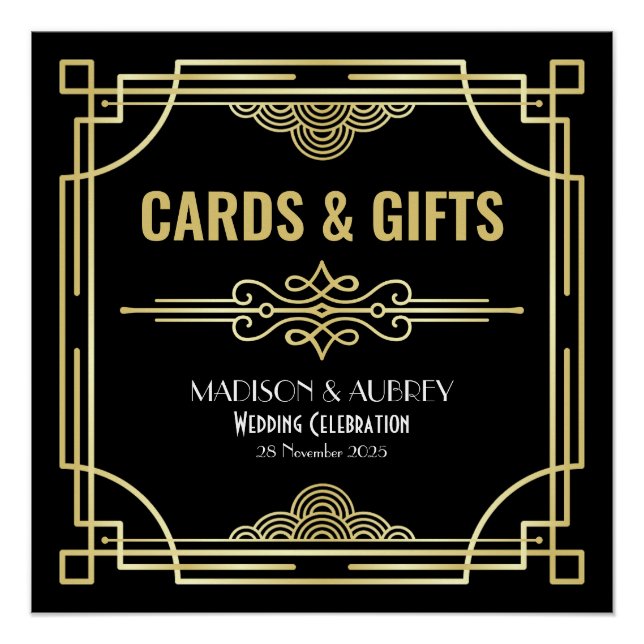Art Déco Cartes de Mariage & Cadeaux Gold Black Pa (Devant)