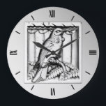 Art Deco carved stone falcon - silver Large Clock<br><div class="desc">A carved stone Art Deco architectural detail rendered in a silver metallic finish</div>