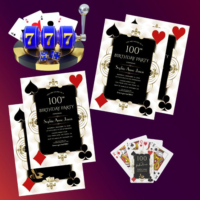 Art Deco Casino Royale Poker Woman 100th Birthday  Invitation (Creator Uploaded)