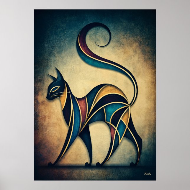 Art Deco Cat Abstract Geometric Animal Wall Art (Front)