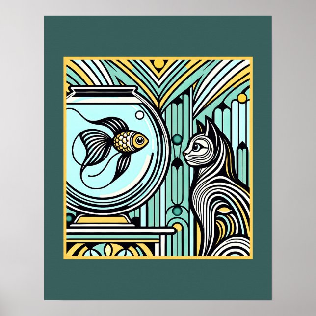 Art Deco Cat and Fish Encounter - Curious Eyes Poster (Front)