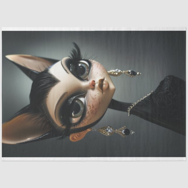 Art Deco Cat Black Long Lashes Decoupage Tissue Paper (Front)