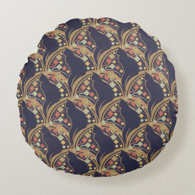 Art Deco Cat Floral Pattern Sherpa Blankets Round Pillow (Front)