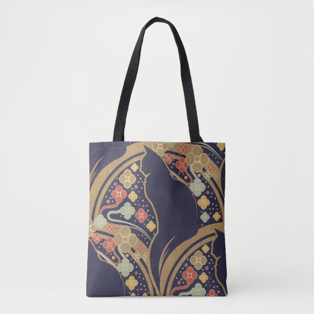 Art Deco Cat Floral Pattern Tote Bags (Front)