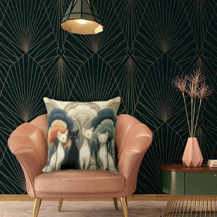 Art Deco Cats in Trees Throw Pillow