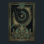 Art Deco Celestial Astrolabe Poster | Gold Teal<br><div class="desc">Explore the mysteries of the cosmos with the "Aura Celestial" Astrolabe poster. This intricate design features a central celestial engine, complete with orbiting planets and a crescent moon star, surrounded by meticulously detailed constellation maps. Below the heavens sits a grand, symmetrical Art Deco structure composed of elegant fan motifs and...</div>