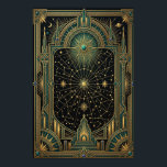 Art Deco Celestial Star Map Poster | Gold Teal<br><div class="desc">Gaze into the infinite with the "Aura Celestial" Star Map poster. This masterfully detailed artwork features a brilliant central starburst connected to a complex web of hand-drawn constellations and planetary orbits. The celestial map is encased within a grand, symmetrical Art Deco frame, featuring towering spires, arched portals, and gem-like accents...</div>
