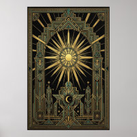 Art Deco Celestial Sun & Moon Poster | Gold Geomet