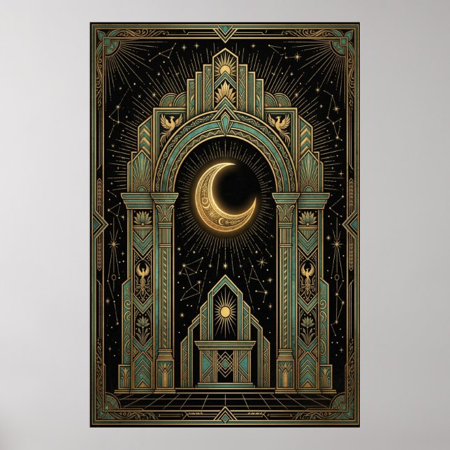Art Deco Celestial Temple Poster | Gold Sunburst (Devant)