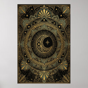 Art Deco Celestial Temple Poster   Gold Sunburst 