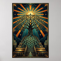 Art Deco Celtic Tree of Life Pyramid Gold Teal 