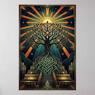 Art Deco Celtic Tree of Life Pyramid Gold Teal  Poster