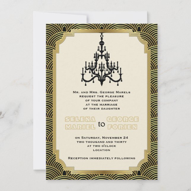 Art Deco chandelier black, gold seigaiha wedding Invitation (Front)