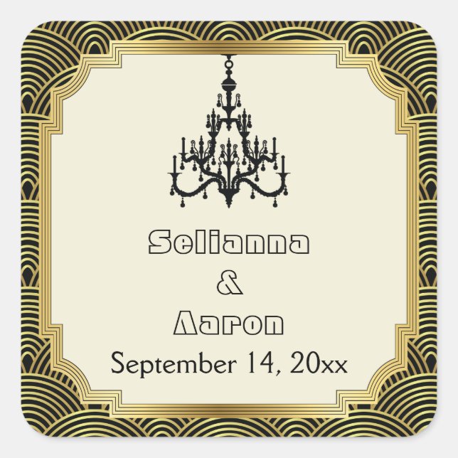 Art Deco chandelier seigaiha wedding Save the Date Square Sticker (Front)