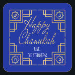 Art Deco Chanukkah  Blue and Gold Design Square Sticker<br><div class="desc">"Chanukah Happy/Gold" Stickers Square. Have fun using these stickers as cake toppers, gift tags, favour bag closures, or whatever rocks your festivities! Background colour can be changed by selecting a different colour from colour swatches. Personalize by deleting text, and adding your own words, using your favourite font style, size, and...</div>