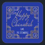 Art Deco Chanukkah  Blue and Gold Design Square Sticker<br><div class="desc">"Chanukah Happy/Gold" Stickers Square. Have fun using these stickers as cake toppers, gift tags, favour bag closures, or whatever rocks your festivities! Background colour can be changed by selecting a different colour from colour swatches. Personalize by deleting text, and adding your own words, using your favourite font style, size, and...</div>