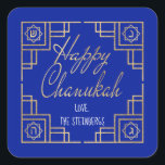 Art Deco Chanukkah  Blue and Gold Design Square Sticker<br><div class="desc">"Chanukah Happy/Gold" Stickers Square. Have fun using these stickers as cake toppers, gift tags, favour bag closures, or whatever rocks your festivities! Background colour can be changed by selecting a different colour from colour swatches. Personalize by deleting text, and adding your own words, using your favourite font style, size, and...</div>