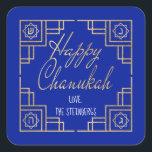 Art Deco Chanukkah  Blue and Gold Design Square Sticker<br><div class="desc">"Chanukah Happy/Gold" Stickers Square. Have fun using these stickers as cake toppers, gift tags, favour bag closures, or whatever rocks your festivities! Background colour can be changed by selecting a different colour from colour swatches. Personalize by deleting text, and adding your own words, using your favourite font style, size, and...</div>